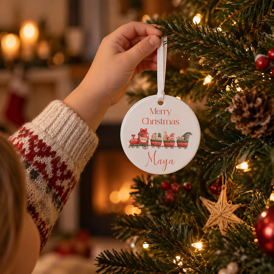 Personalised Red Train Animals Ceramic Bauble - photo of the finished product