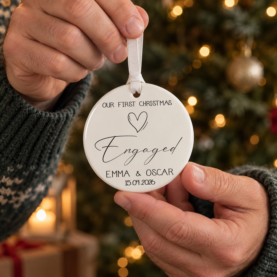 Personalised First Christmas Engaged Bauble, Names and Date - photo of the finished product