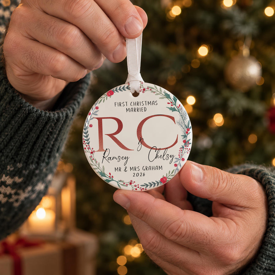Personalised Mr and Mrs Ceramic Bauble, First Names - photo of the finished product