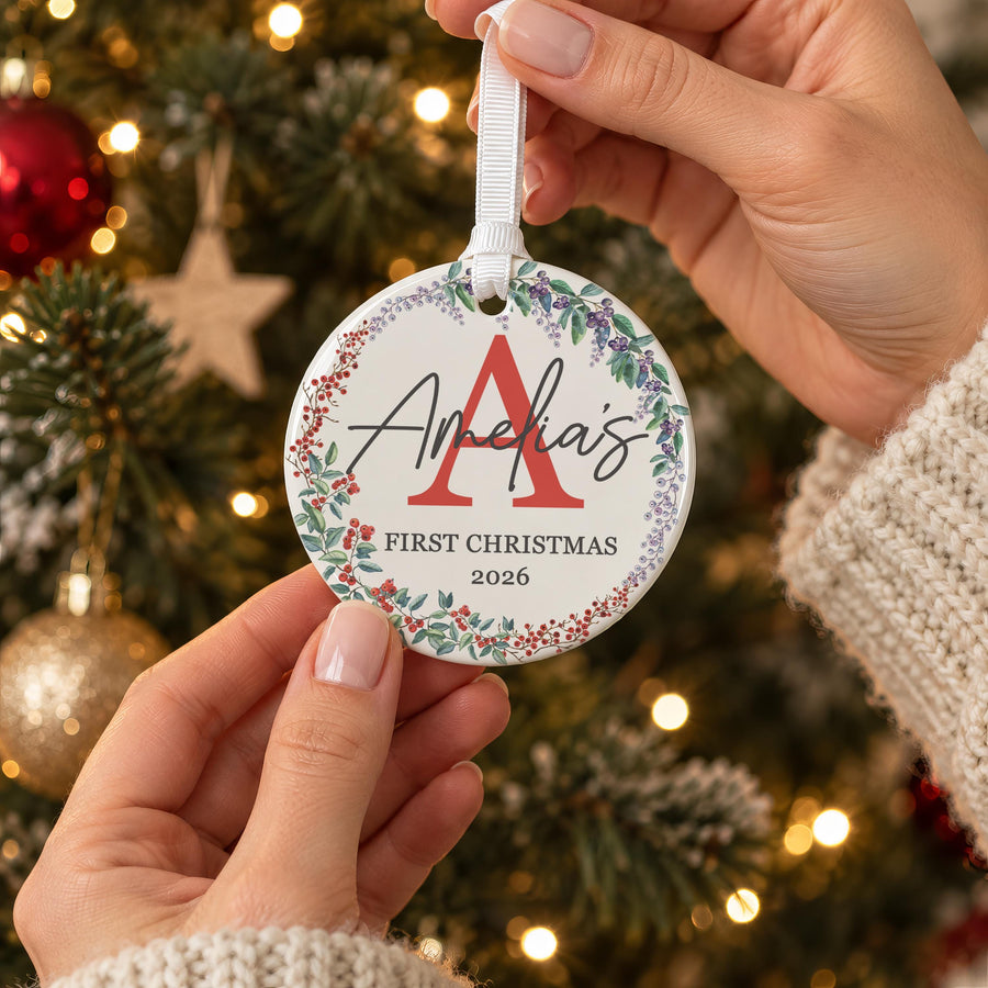 Personalised Red Initial Wreath Bauble - photo of the finished product