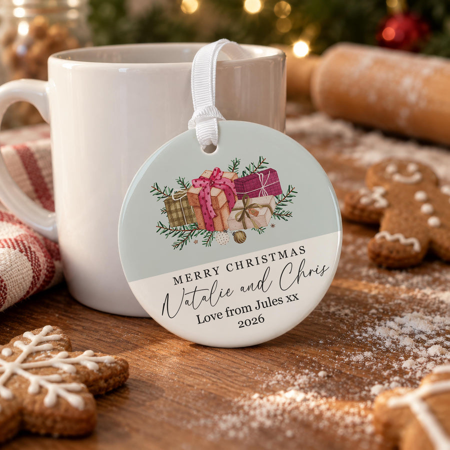 Personalised Wrapped Parcels Ceramic Bauble - photo of the finished product