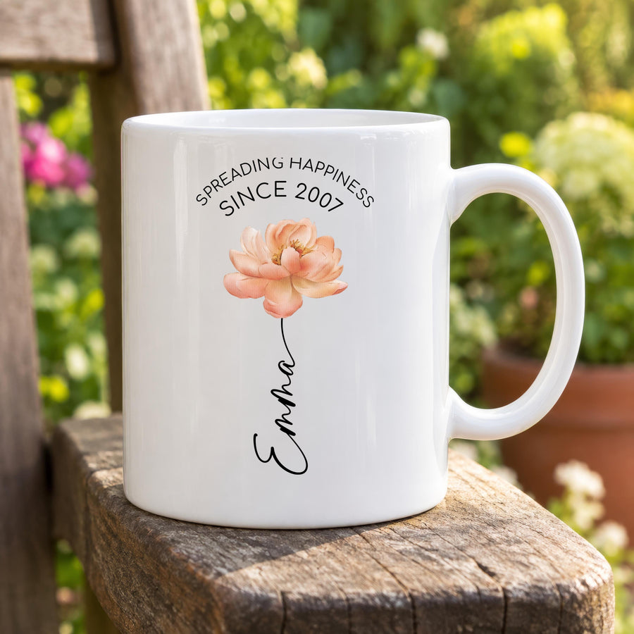 Personalised Peach Flower Ceramic Mug - photo of the finished product