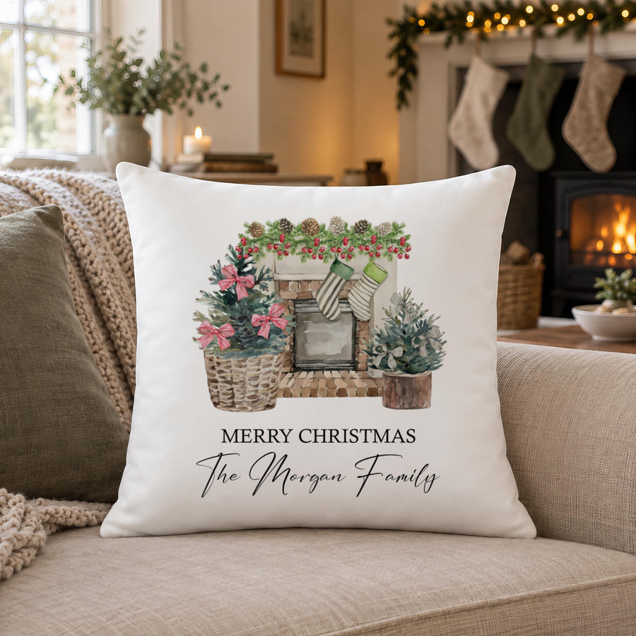 Personalised Family Name Fireplace Cushion - photo of the finished product