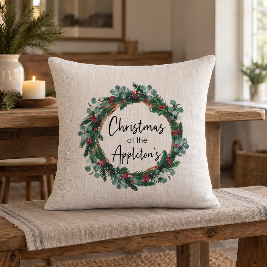 Personalised Family Name Wreath Cushion, Your Surname Added - photo of the finished product