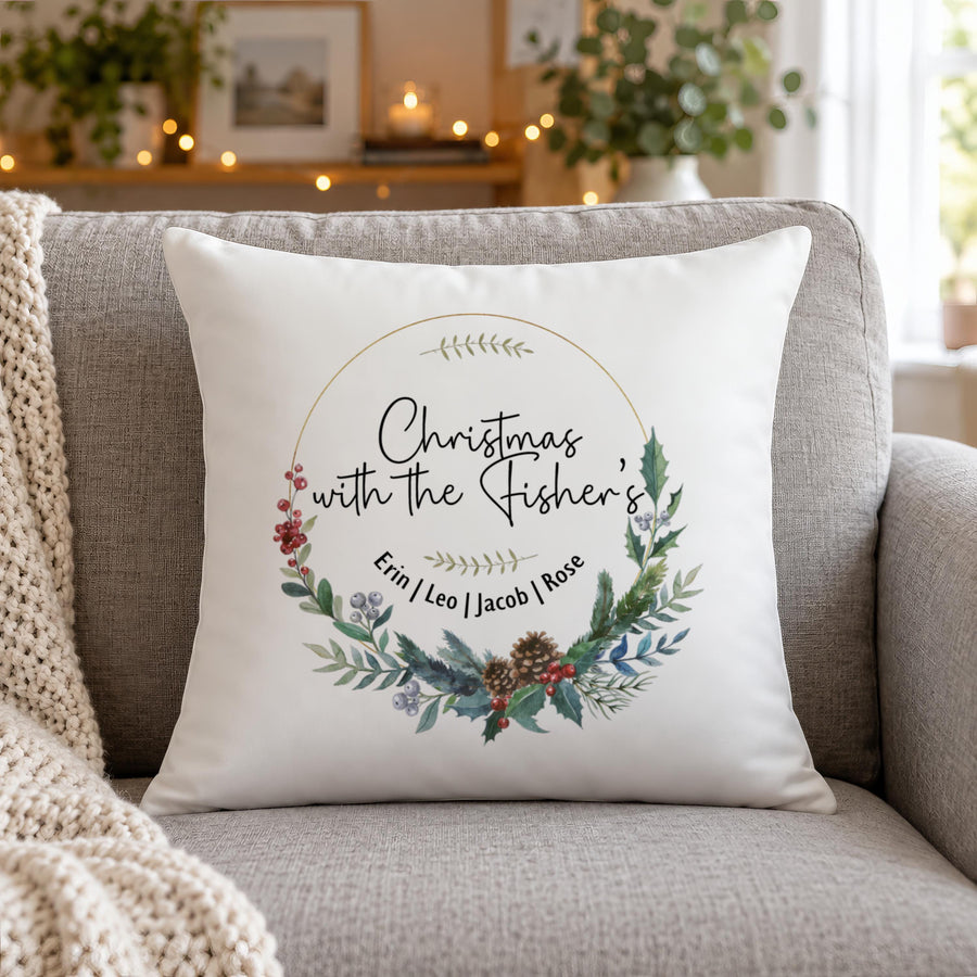 Personalised Christmas Wreath Cushion, Family Name Added - photo of the finished product