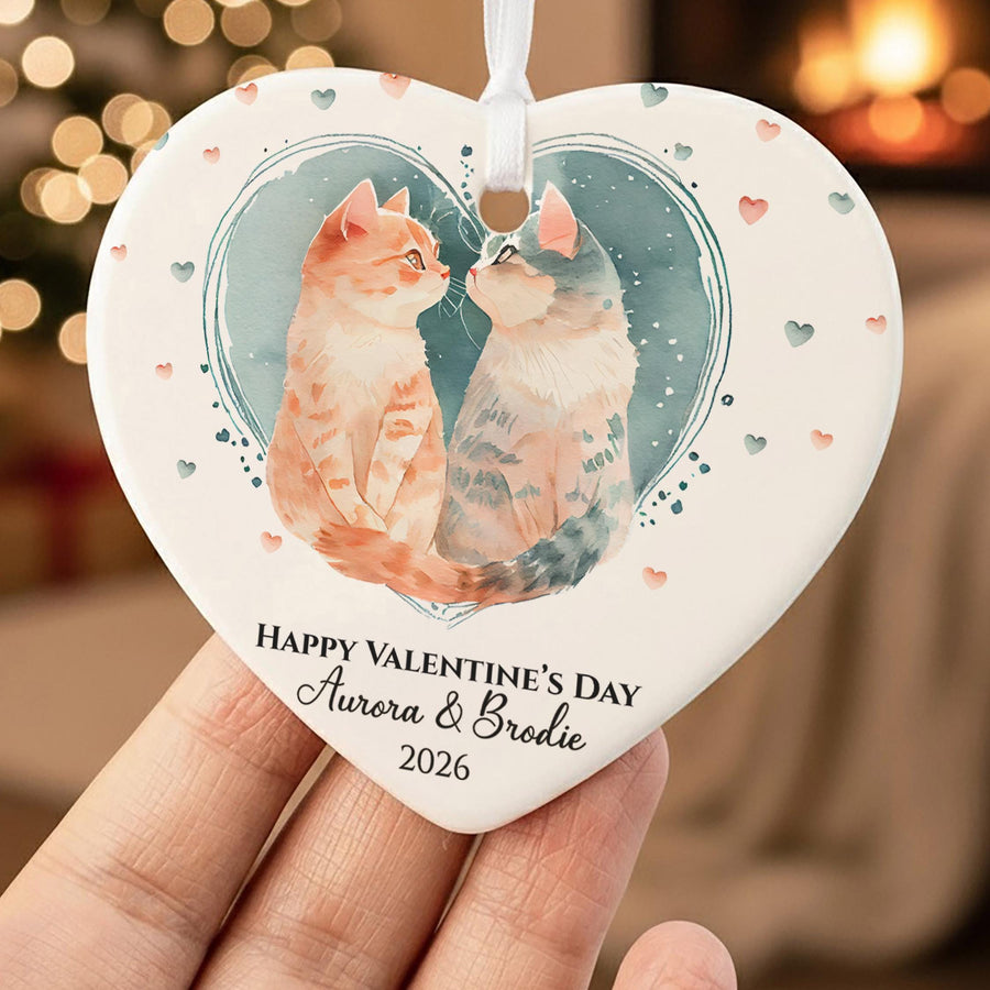Personalised Cats Couple Ceramic Heart Ornament - photo of the finished product
