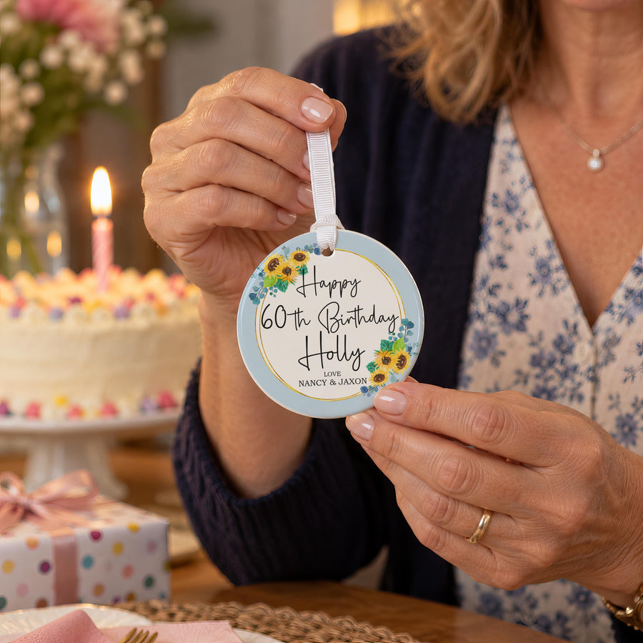 Personalised Sunflower 60th Birthday Ceramic Ornament - photo of the finished product