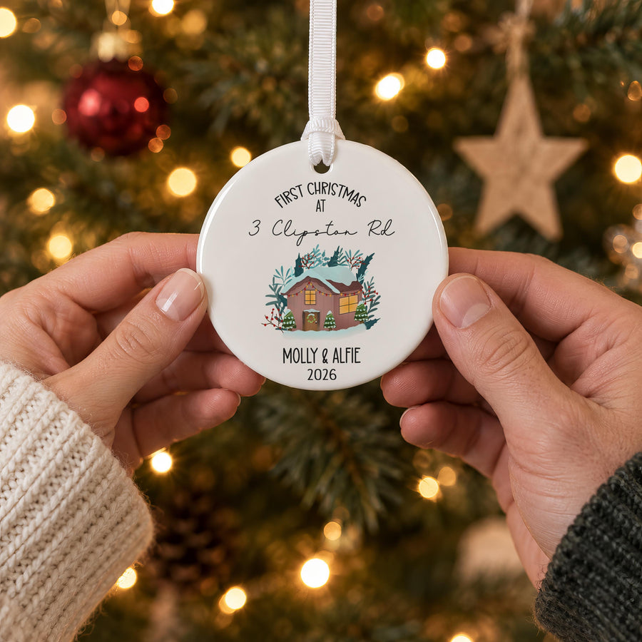 Personalised First Christmas at Snowy Cabin Ceramic Bauble - photo of the finished product