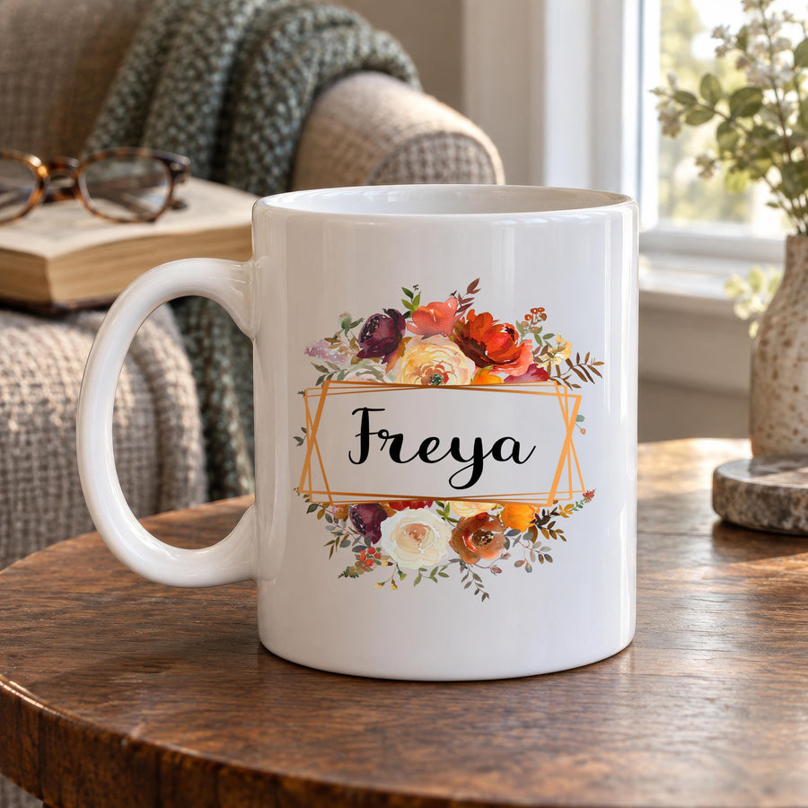 Personalised Autumn Floral Ceramic Mug - photo of the finished product