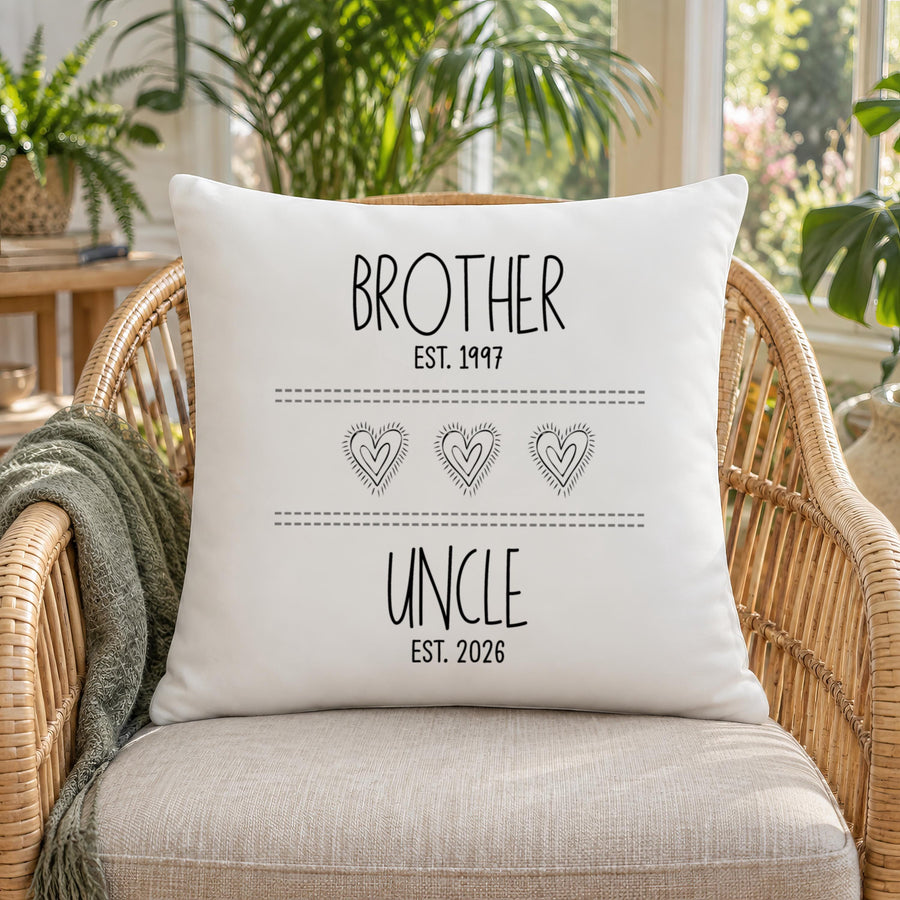 Personalised Brother and Uncle Cushion, Both Est Years Added - photo of the finished product