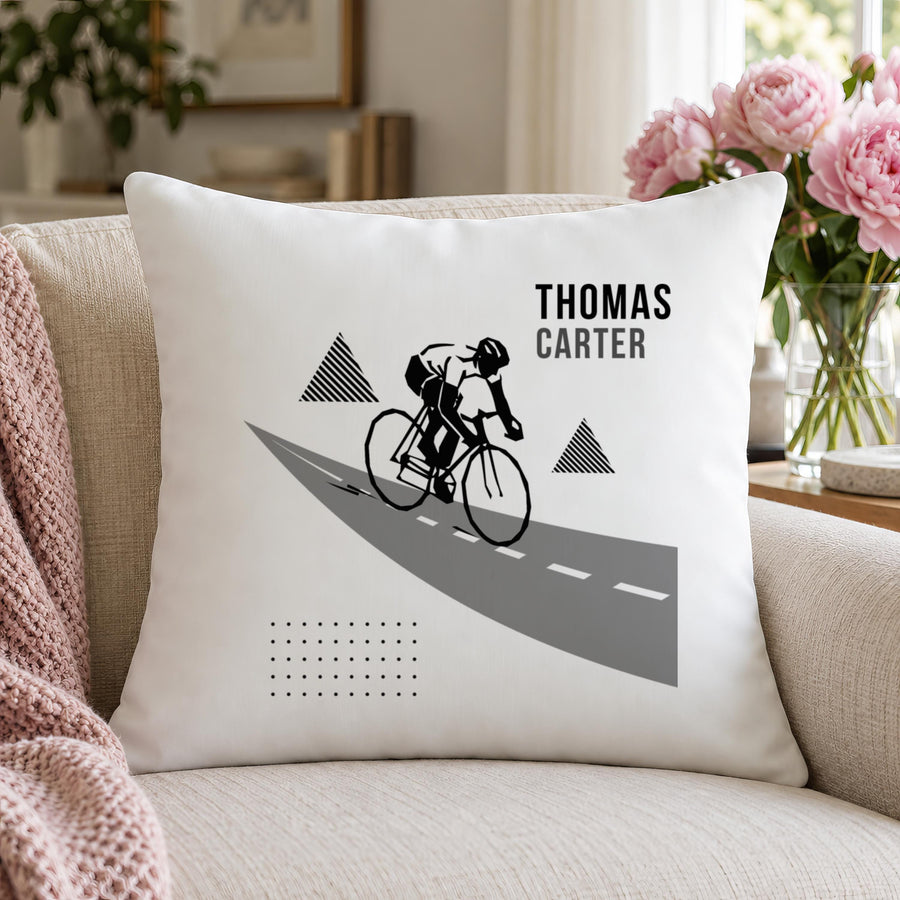 Personalised Cycling Monochrome Cushion, Name Added - photo of the finished product
