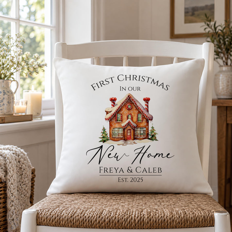 Personalised Gingerbread House Cushion, Family Names Added - photo of the finished product