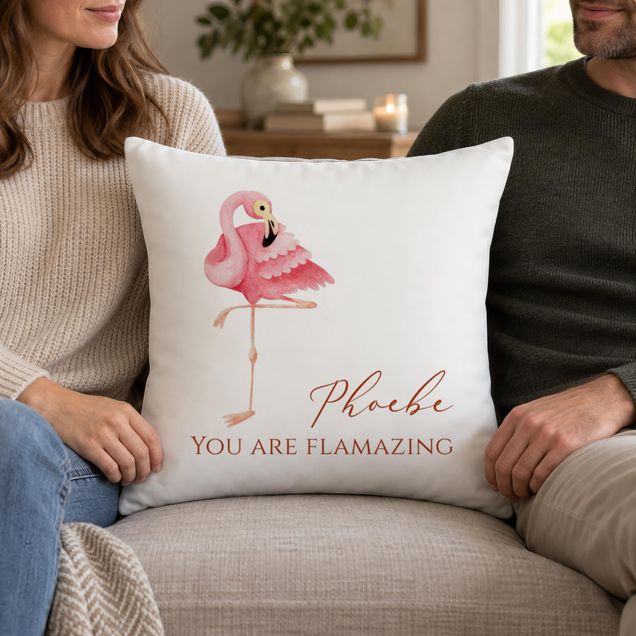 Personalised Flamingo Fun Cushion, Name Added - photo of the finished product