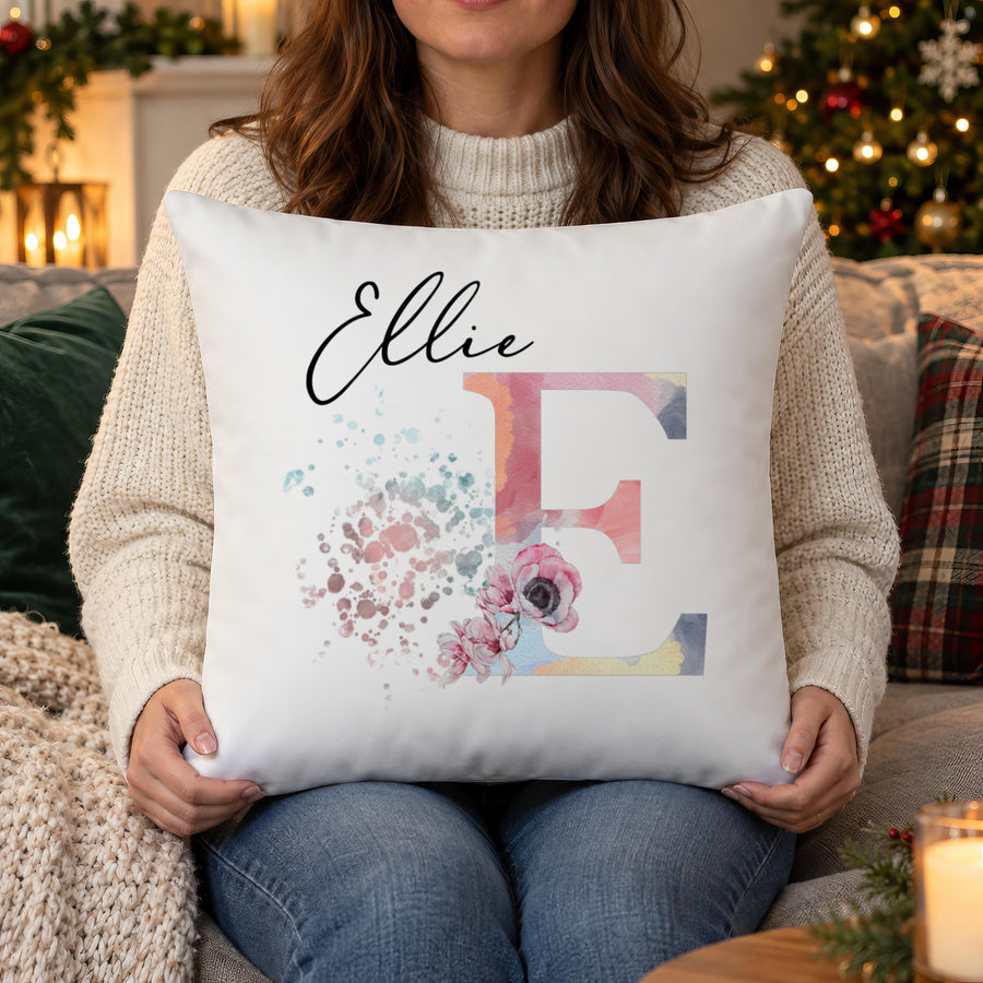 Personalised Floral Cushion Cover, Name and Initial Added - photo of the finished product