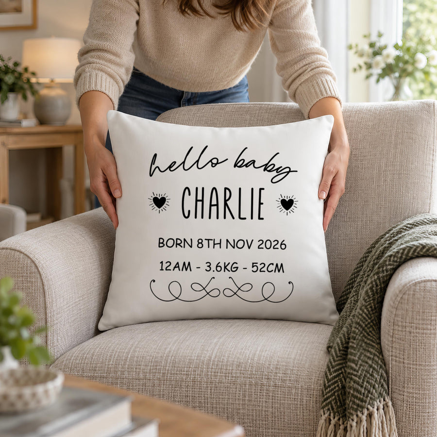 Personalised Hello Baby Cushion, Birth Details Added - photo of the finished product