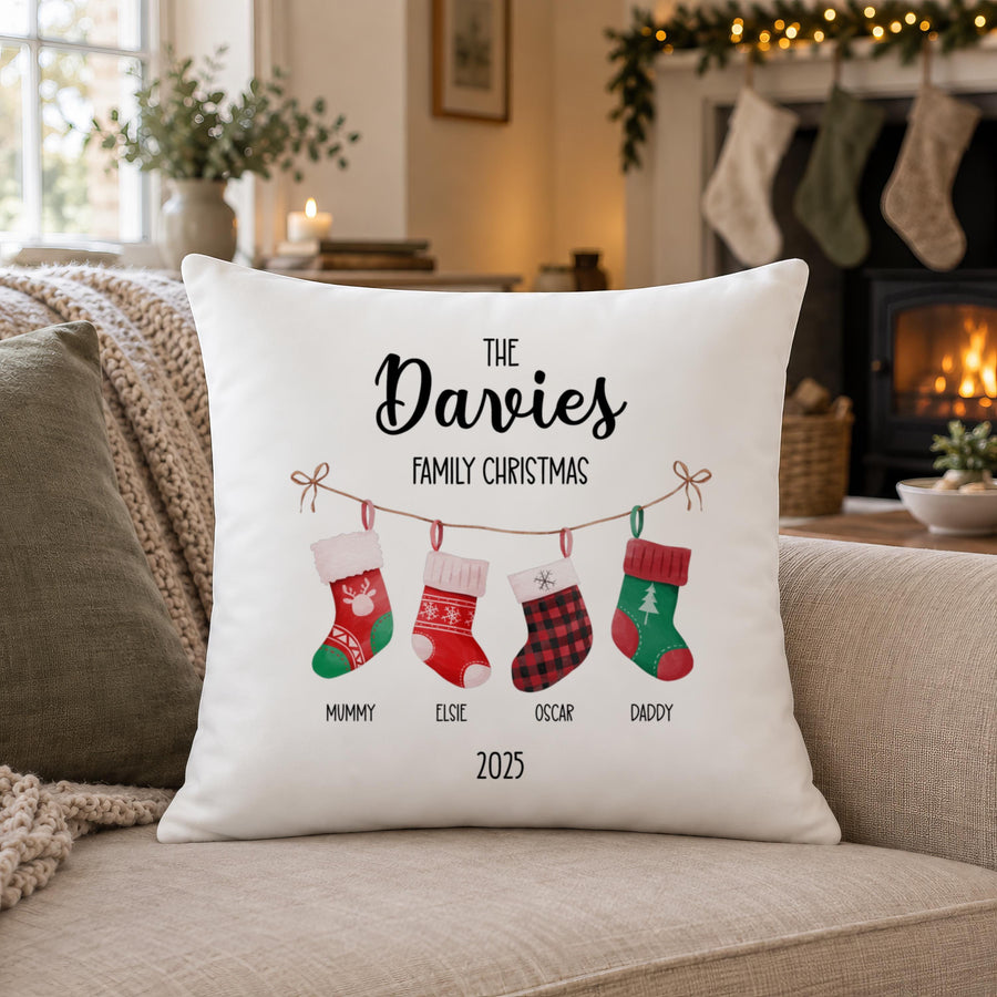 Personalised Hanging Stockings Cushion, Names and Year Added - photo of the finished product