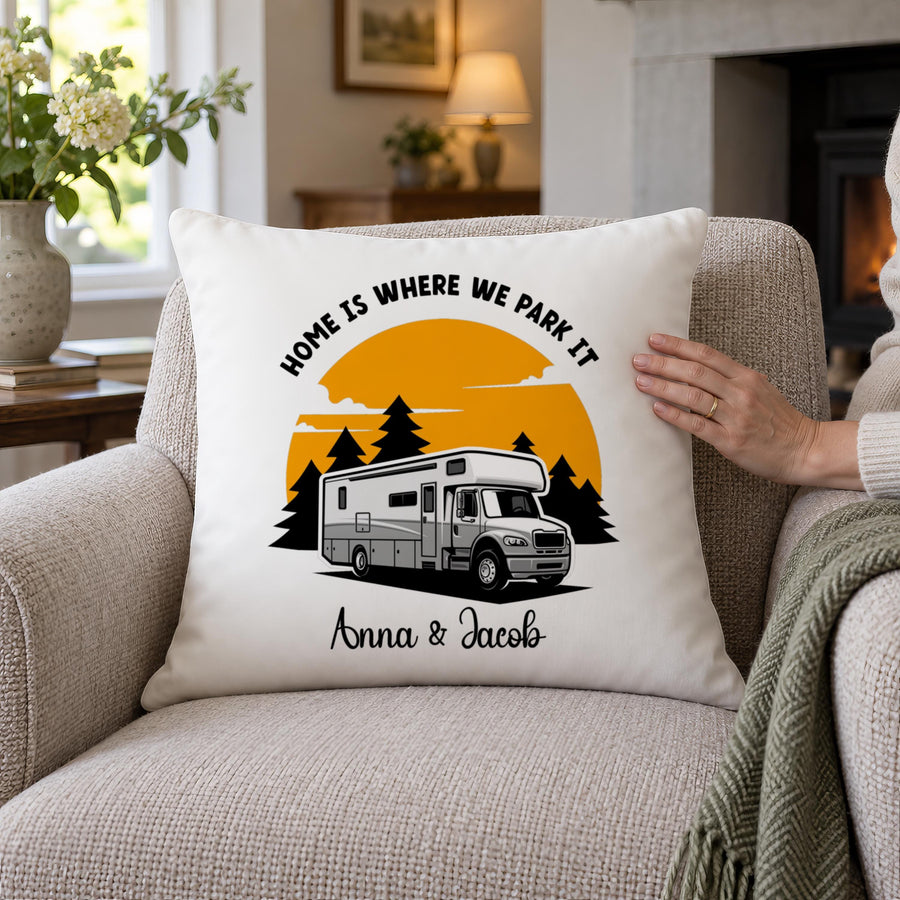 Personalised Motorhome Sunset Cushion, Two Names Added - photo of the finished product