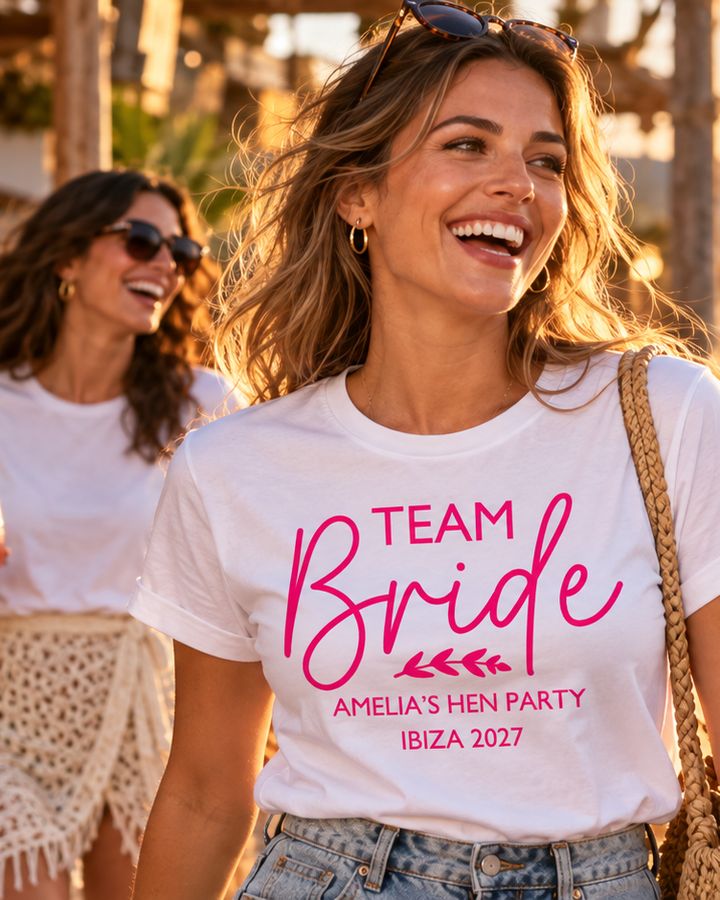Hen party walking along an Ibiza beach bar walkway at golden hour, white tee with Team Bride, Amelia's Hen Party, Ibiza 2027 in pink