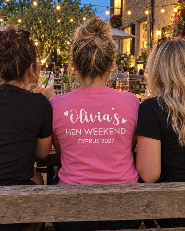 Three friends on a pub garden bench from behind, the middle one in a pink tee with Olivia's Hen Weekend, Cyprus 2027 in white