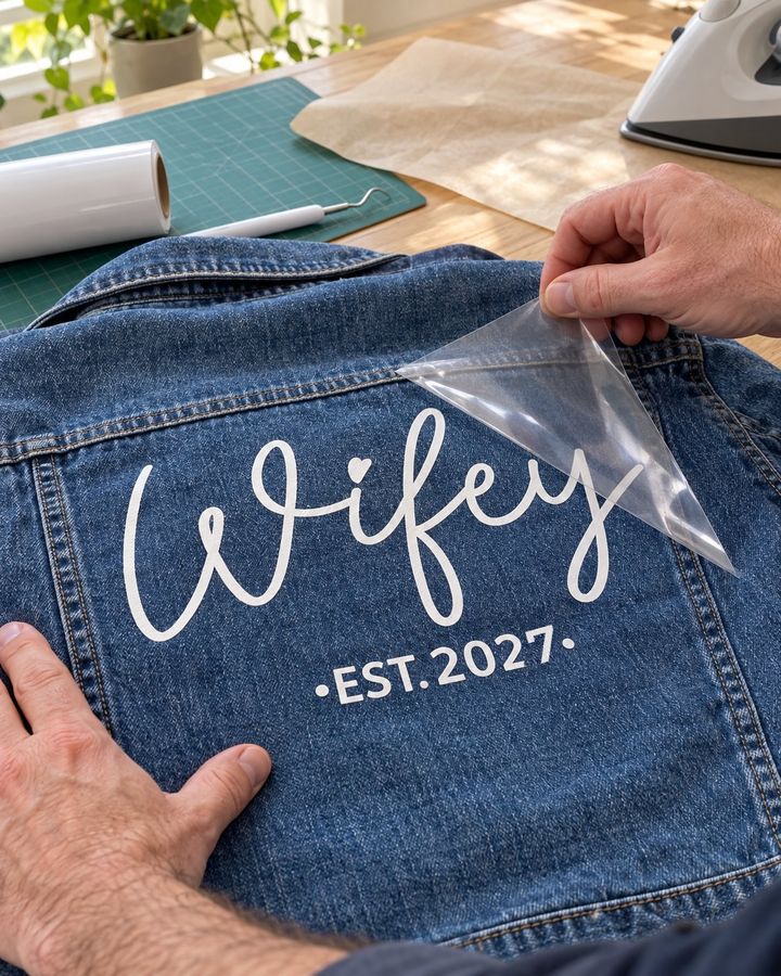 Hands peeling the clear sheet off Wifey EST.2027 in white on the back of a denim jacket, iron and vinyl roll on the table