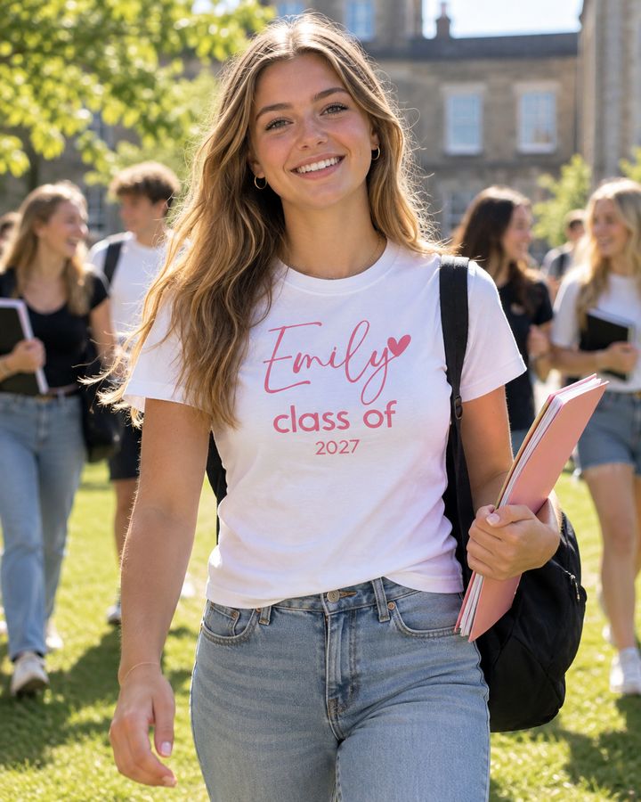 Student smiling on a university lawn, white tee with Emily and a heart, class of 2027 in pink