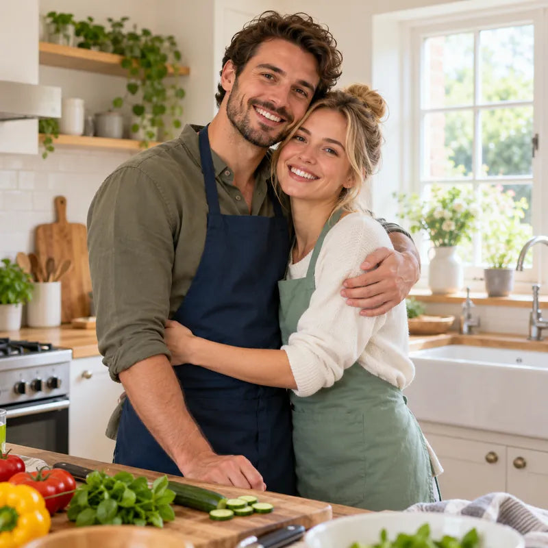 Couple in aprons hugging in their kitchen