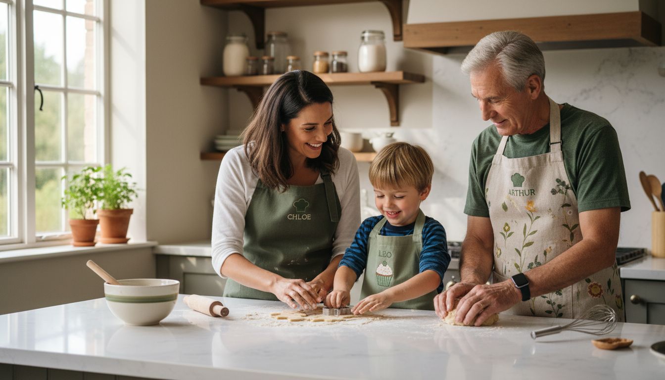 family wearing aprons