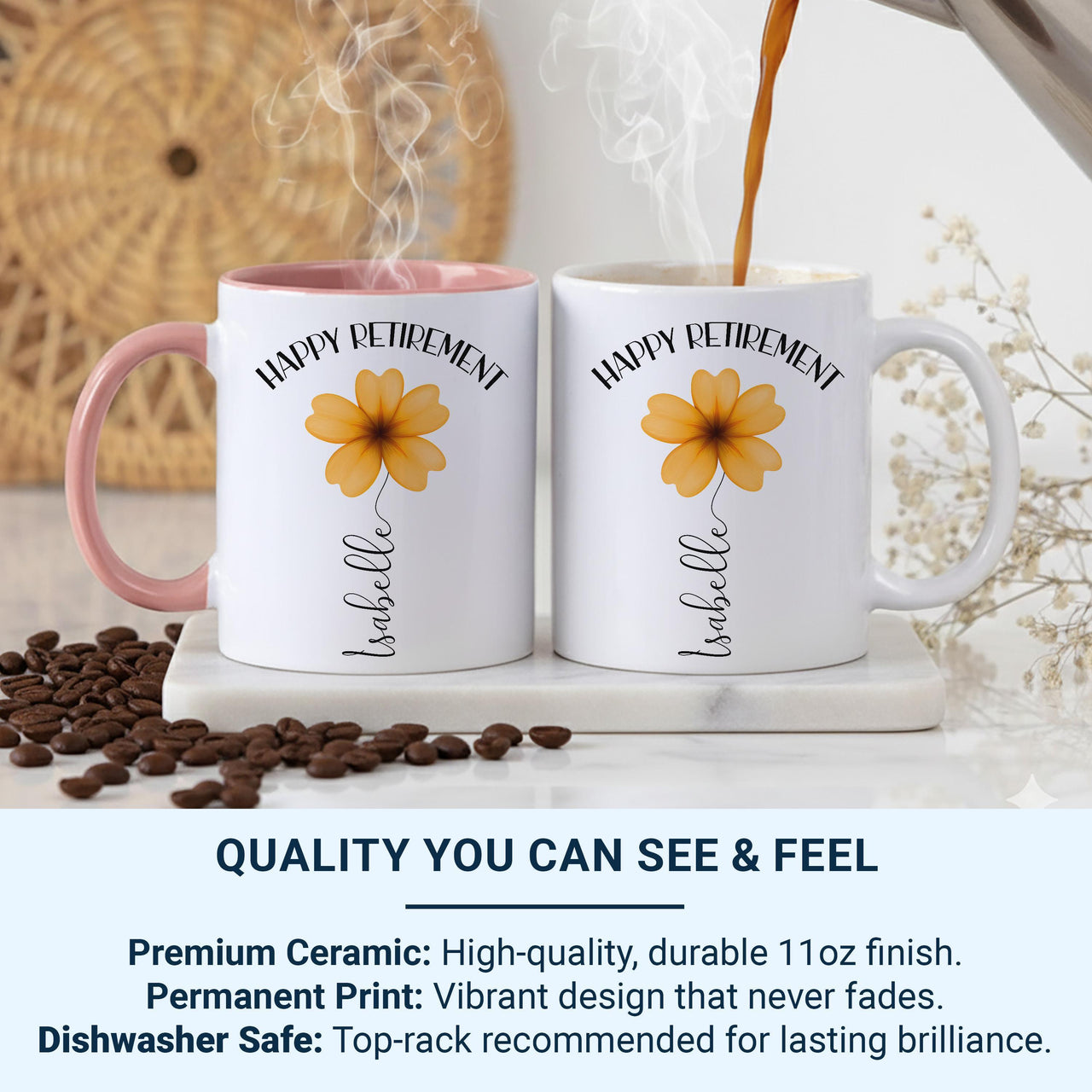 Happy Retirement Personalised Mug – Floral Name Design – Leaving Gift and New_Chapter Keepsake for Colleagues and Friends