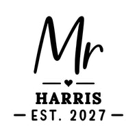 Mr Surname Est. iron-on transfer design: Mr HARRIS EST. 2027 with a heart in black on a white background