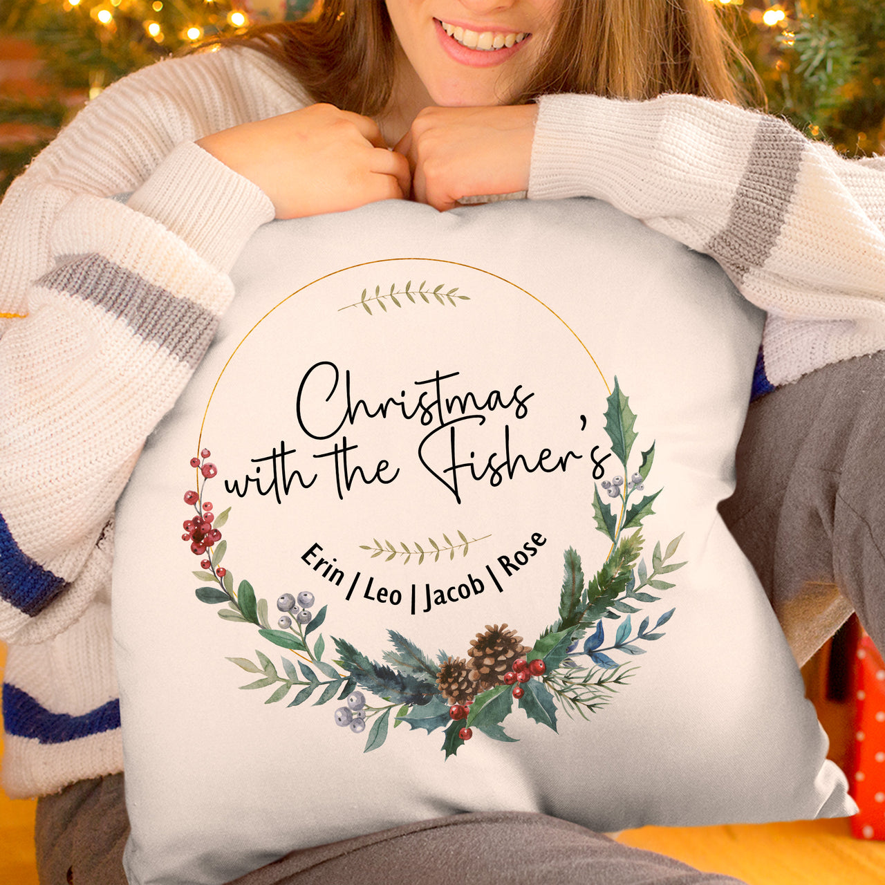 Personalised Christmas Family Cushion Cover Xmas Wreath Pillow Birthday Present