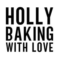 Baking With Love iron-on design: black HOLLY BAKING WITH LOVE lettering on white