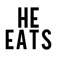 He Eats iron-on transfer design: HE EATS in black on a white background