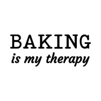 Baking Is My Therapy iron-on design: black BAKING is my therapy lettering on white