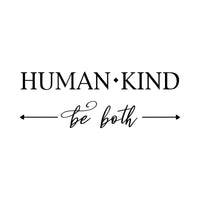 Human Kind Be Both iron-on design: black HUMAN KIND serif with be both script and arrows on white