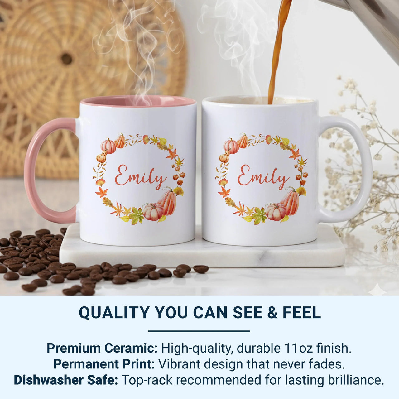 Personalised Autumn Wreath Mug – Name with Pumpkins, Leaves and Acorns – Cosy Fall Season Gift