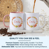 Personalised Autumn Wreath Mug – Name with Pumpkins, Leaves and Acorns – Cosy Fall Season Gift