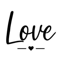 Love script iron-on design: black Love script with a small heart and lines on white