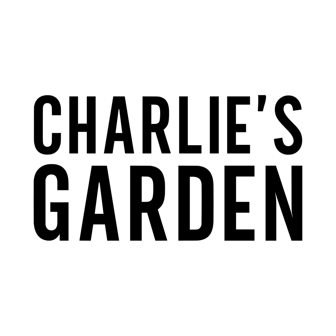 Garden name iron-on design: black CHARLIE'S GARDEN lettering on white