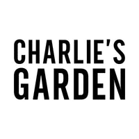Garden name iron-on design: black CHARLIE'S GARDEN lettering on white