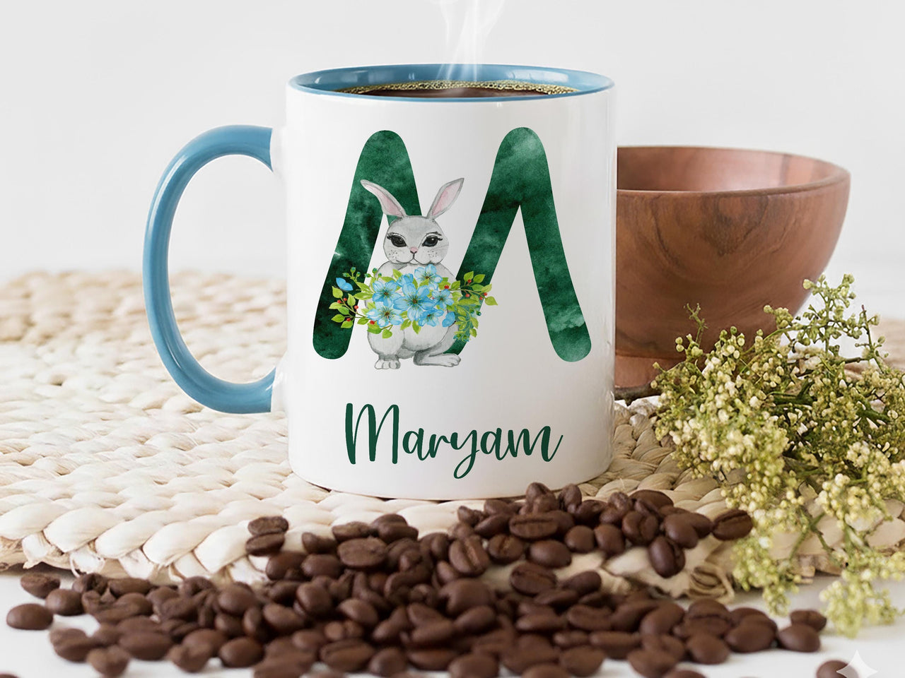 Personalised Easter Initial Mug – Letter Monogram with Bunny and Spring Florals – Name Keepsake for Baskets and Egg Hunts