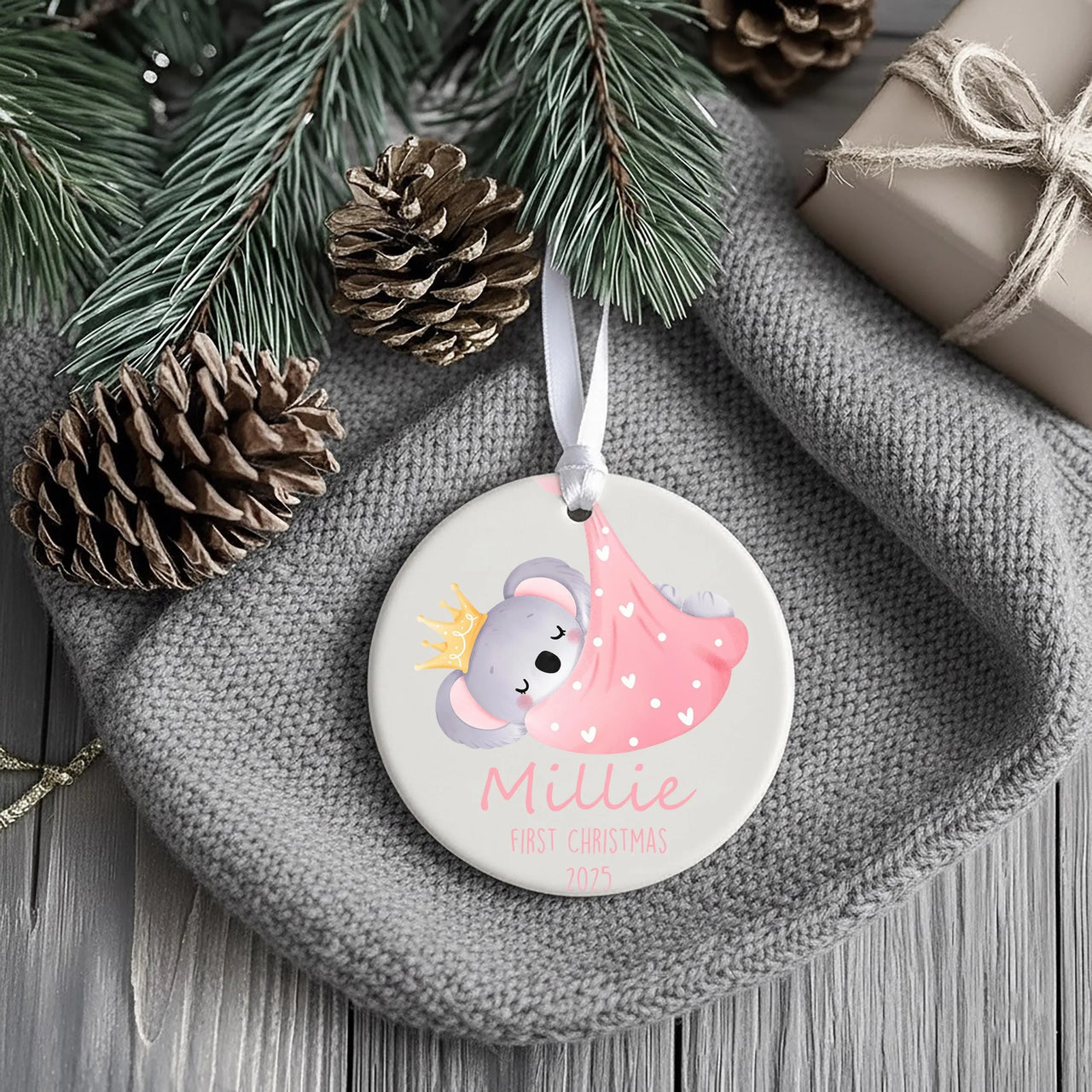Sleeping Koala Baby Ornament - First Christmas Keepsake with Crown for Newborn Boys & Girls
