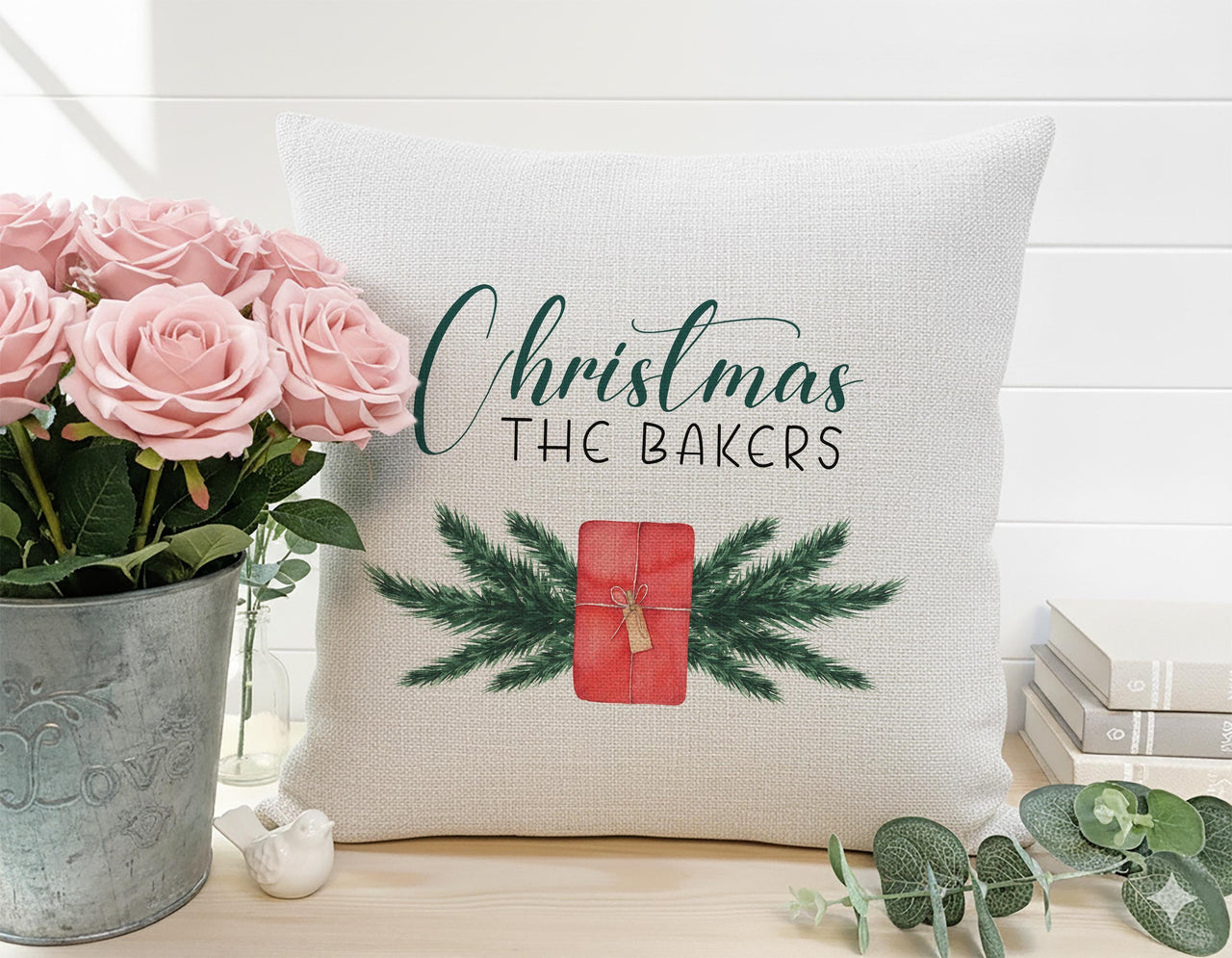 Personalised Family Christmas Cushion - Pine & Gift Design with Family Name