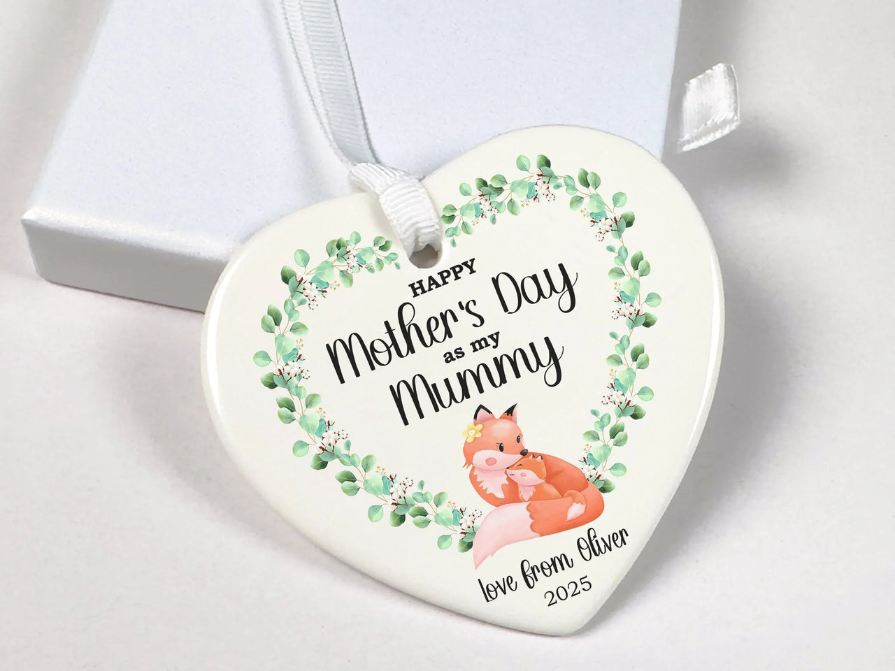 Fox Mother Day Heart Ornament - Leafy Keepsake with Name & Message for Mummy DENMARY