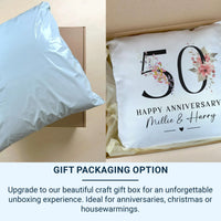 50th Anniversary Cushion – Personalised Anniversary Pillow With Golden Floral Design