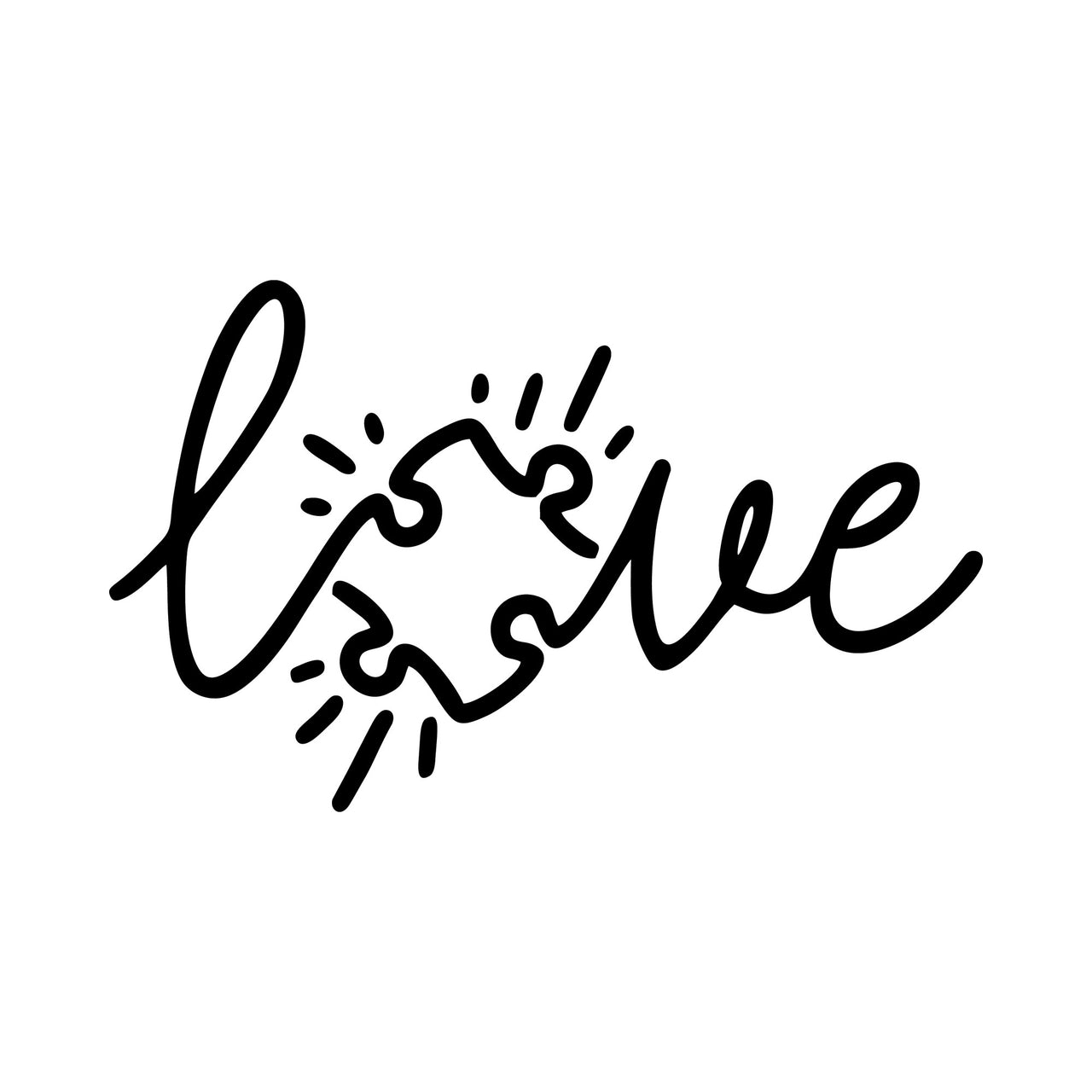 Handwritten "love" lettering with a puzzle piece heart and burst lines, iron-on transfer artwork in black