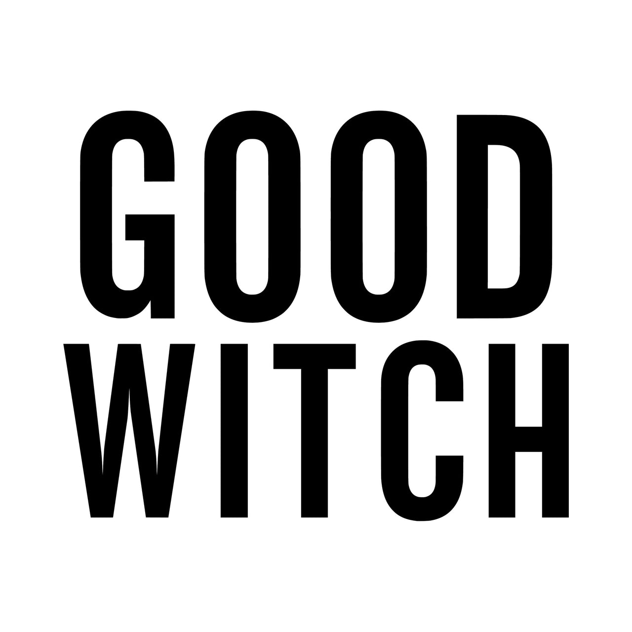 Bold black "Good Witch" capital lettering on white, iron-on vinyl transfer design