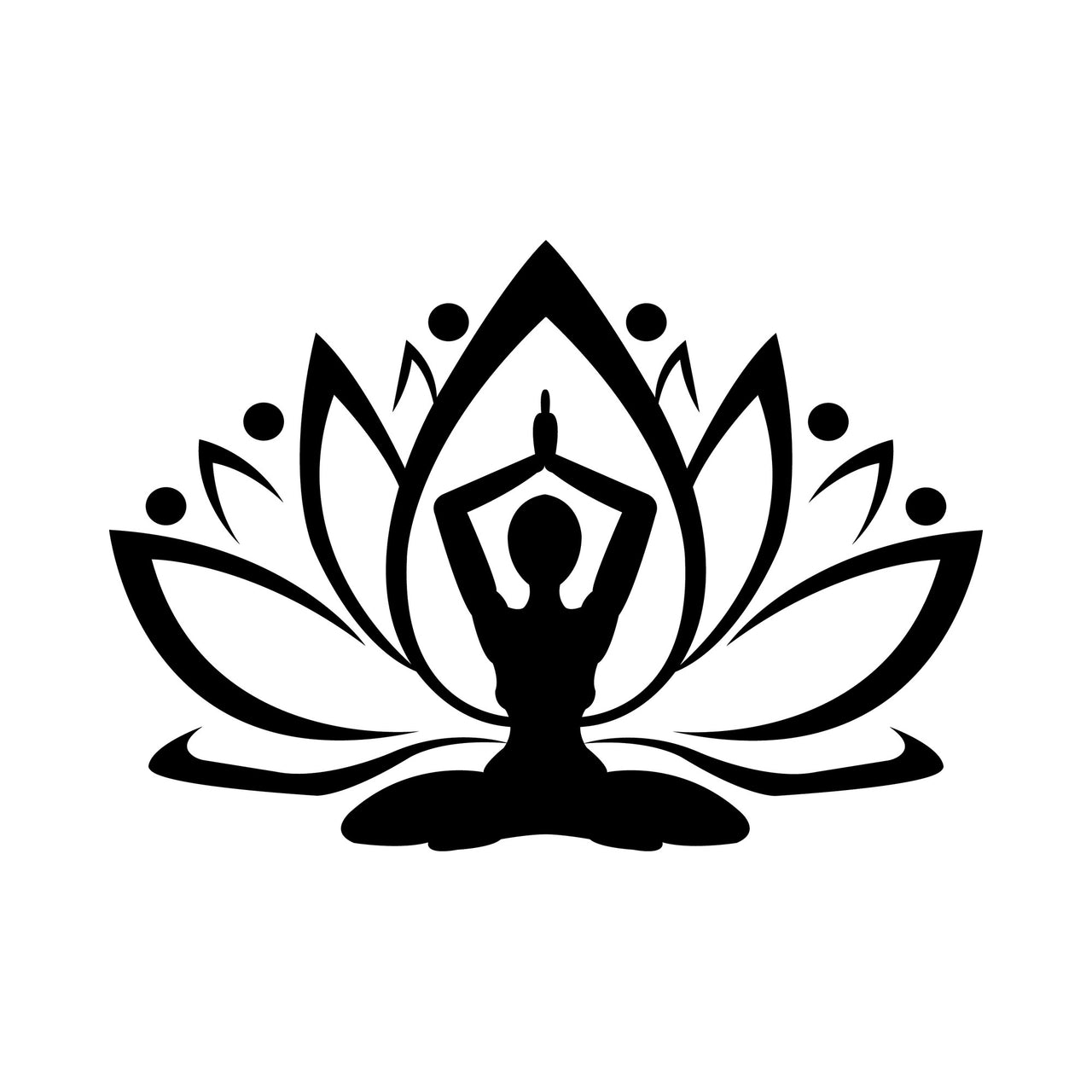 Black silhouette of a figure in lotus pose inside lotus petals, iron-on transfer design