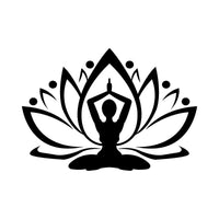 Black silhouette of a figure in lotus pose inside lotus petals, iron-on transfer design