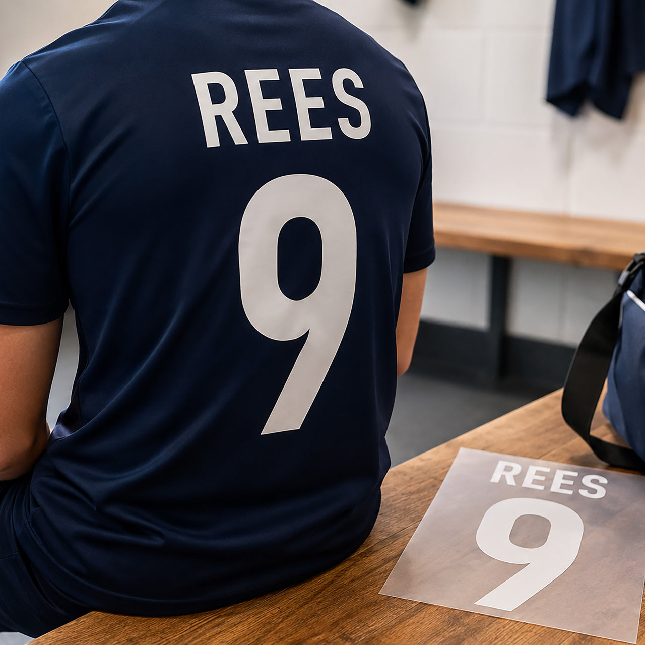 5-a-Side Football Name Number: white REES 9 on the back of a navy shirt, with the transfer sheet on the bench