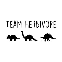 Flat black artwork of 'Team Herbivore' lettering above triceratops, long-neck and stegosaurus silhouettes